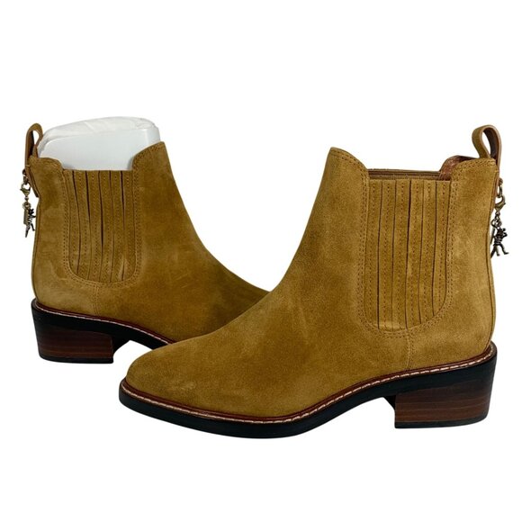 COACH Bowery Chelsea Booties Boots Camel Tan Suede Rexy Charms Womens Size 5 NWO - Picture 1 of 7